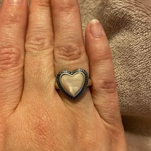 Pink mother of pearl ring with black diamonds in sterling silver